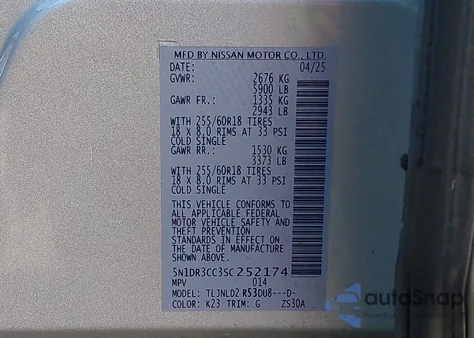 2025 Nissan Pathfinder Sl 4Wd z USA, uszkodzony, nr VIN 5N1DR3CC3SC252174